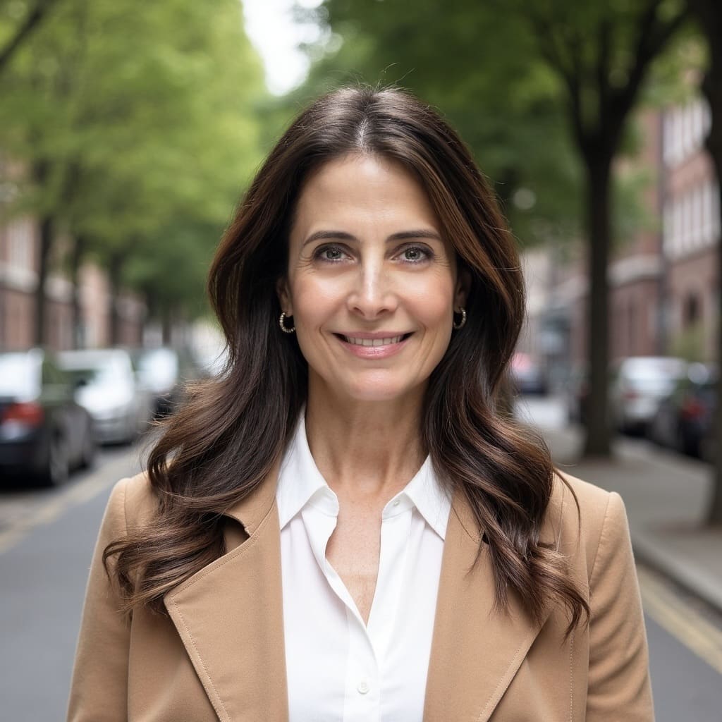 Smiling woman standing on a city street.