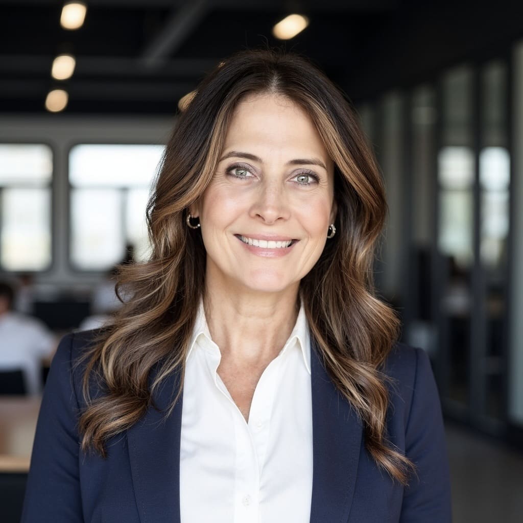 Smiling woman in professional office setting.